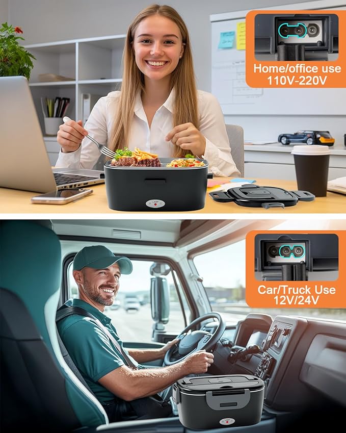 Electric Lunch Box for Men, Women & Adults - 80W Fast Heating - Heated Lunch Box with Dual 1.5L SS Containers - Portable Food Warmer for Car, Truck, Office