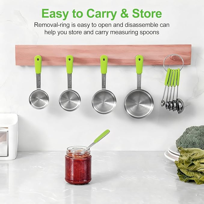 Measuring Cups and Spoons Set Stainless Steel 10 Piece for Cooking and Baking (5 Cups + 5 Spoons, Green Handle)