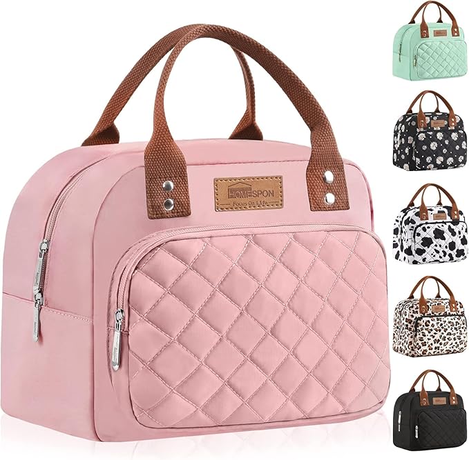 HOMESPON Lunch Bag for Woman Man Adults with Front Pocket Insulated Lunch Tote Lunch Box Container for Work Picnic or Travel(Pink)
