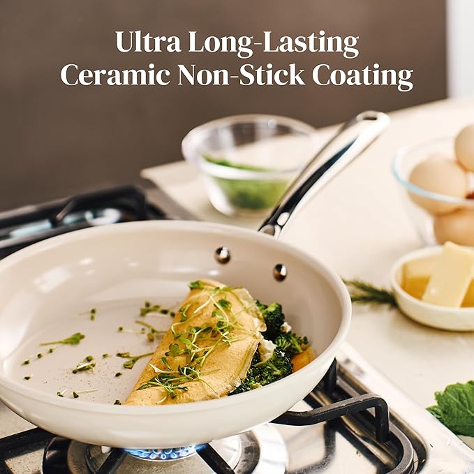 Redchef Nonstick Frying Pans Set, Ceramic Pan Skillet, Non Toxic Pans for Cooking, 8" 9.5" 11" Ceramic Frying Pan Set PFAS & PTFE & PFOA Free with Stay Cool Handle, Dishwasher & Oven Safe, Beige White