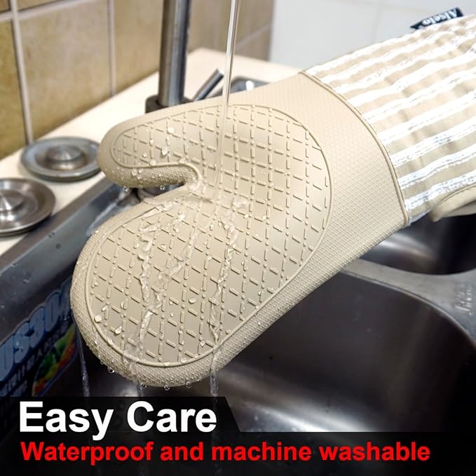 Silicone Oven Mitts Heat Resistant 932℉ with Waterproof & Non-Slip Kitchen Mittens, Set of 2 Extra Long Oven Gloves with Soft Cotton Terry Lining for Baking Cooking Barbecue (Khaki, 2)