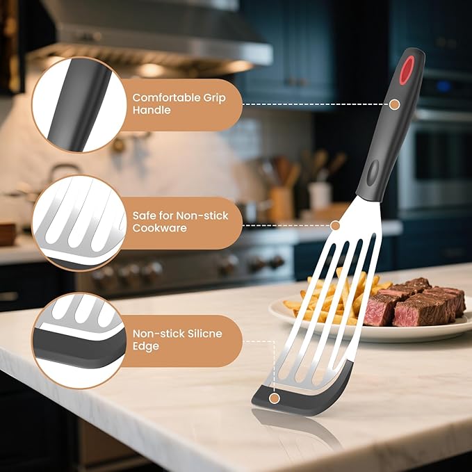 2Pack Silicone Fish Spatulas for Nonstick Cookware,Fish Turner Spatula Stainless Steel with Heat Resistant Silicone Edge,Metal Slotted Spatula for Flipping Fish Egg Patties Fries Pancake Steak (Black)