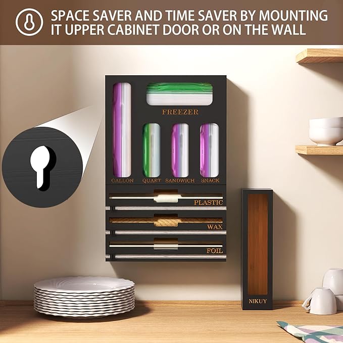 9 IN 1 Bamboo Foil and Plastic Wrap Organizer for Kitchen Drawer, Plastic Bag Organizer Organization and Storage, Food Storage Bag Organizer (BLACK)