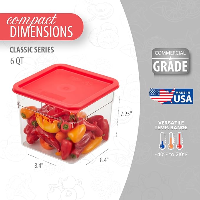 Cambro Food Storage Container with Lid (2 Pack) - Classic Series Square with Red Lid - 6 QT (Quart) - Commercial Grade for Food Prep (Clear)