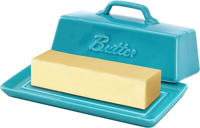 Bruntmor Porcelain Butter Keeper With Handle Cover, French Butter Dish Ceramic Butter Holder Container for Countertop, Butter Dish with Lid, Teal