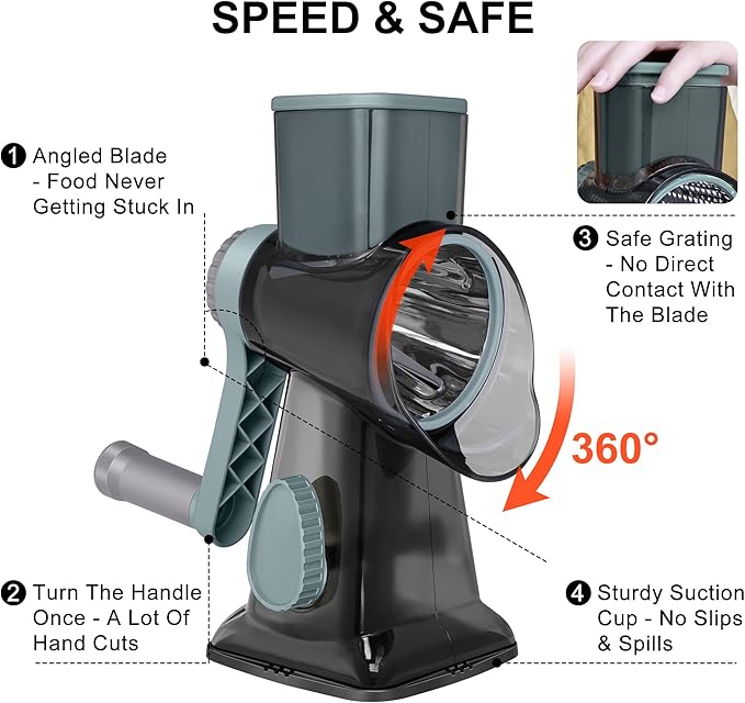 Kaishun Cheese Grater Rotary Grater Sredder Stainless Steel with Vacuum Suction Base Madonline Multi Functional Kitchen Tool Perfect for Easy Shredding and Slicing, Hands Safe Blade Black