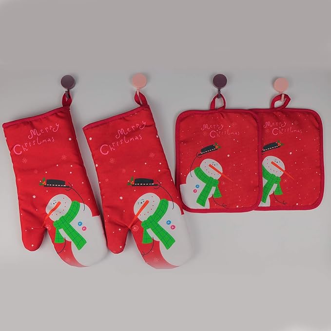 Oven Mitts and Potholders BBQ Gloves-Oven Mitts and Pot Holders with Recycled Infill Silicone Non-Slip Cooking Gloves for Cooking Baking Grilling (4-Piece Set) (Red Christmas Snow)