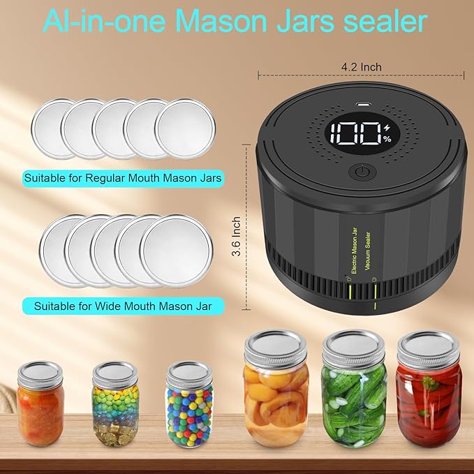 Electric Mason Jar Vacuum Sealer, Auto Stop Mason Jar Vacuum Sealer Kit for Wide Mouth and Regular Mouth canning lids with Food Storage Labels for Freshness and Preservation