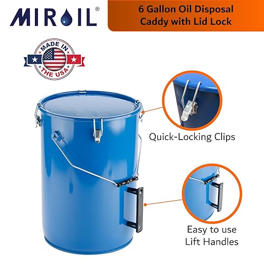 MirOil 6-Gallon Fryer Grease & Oil Disposal Caddy – Model #30L – Steel Bucket w/Locking Lid – Used Hot Oil Container – Food Safe Cooking Grease Bucket w/Lid – Commercial Food Truck Accessories
