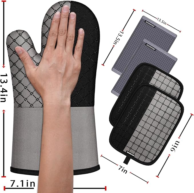 Oven Mitts and Pot Holders Sets 6pcs, Kitchen Oven Glove,High Heat Resistant 550 Degree Extra Long Oven Mitts and Potholders with Non-Slip Silicone Surface for Home Essentials (Grey) (Gray 2)