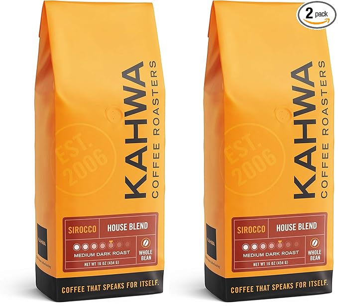 Kahwa Coffee Sirocco Medium Dark Roast House Blend, Whole Bean Coffee, 1 lb Bag (Pack of 2)