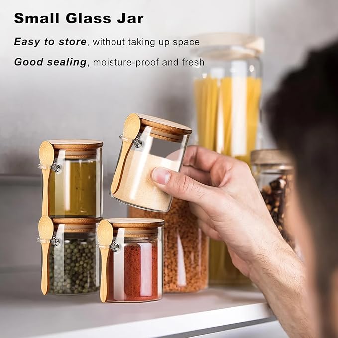 Spice Jars with Label 7oz Glass Storage Containers with Lids and Spoon Small Glass Jars for Overnight Oats Cereal Containers Storage Meal Prep Jars for Sugar Yogurt Chia Pudding Salt Candy 8pcs