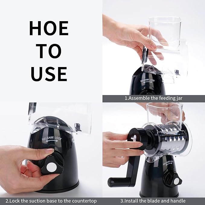JIUMEXES Rotary Cheese Grater Hand Crank with 3-in-1 Blades – Fast, Safe & Effortless Grating, Perfect for Cheese, Vegetables & Chocolate, BPA-Free, Stable Suction Base