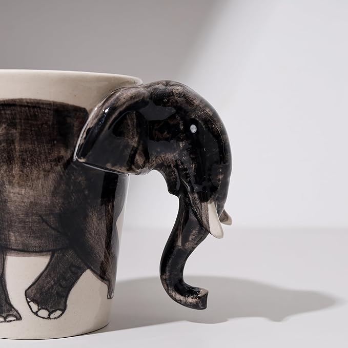 IYARA CRAFT 3D Elephant Coffee Mug 11oz - Handle is Sculpted Trunk, Cute Wildlife Design, Quality Ceramic, Microwave & Dishwasher Safe, Ideal for Tea & Hot Chocolate, 4.5" x 5"… (Black trunk down)