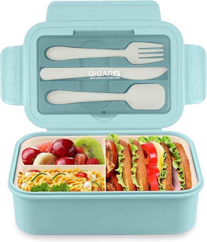NatraProw Bento Box for Adult, 1400 ML Lunch Containers for Adults, LeakProof Lunch Box with Utensils, BPA Free, 3 Compartment Bento Box Microwave Safe, Light Blue