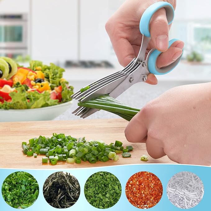 LHS Herb Scissors, Multipurpose 5 Blade Kitchen Herb Shears with Safety Cover, Kitchen Scissors for Chopping Basil Chive Parsley -Blue