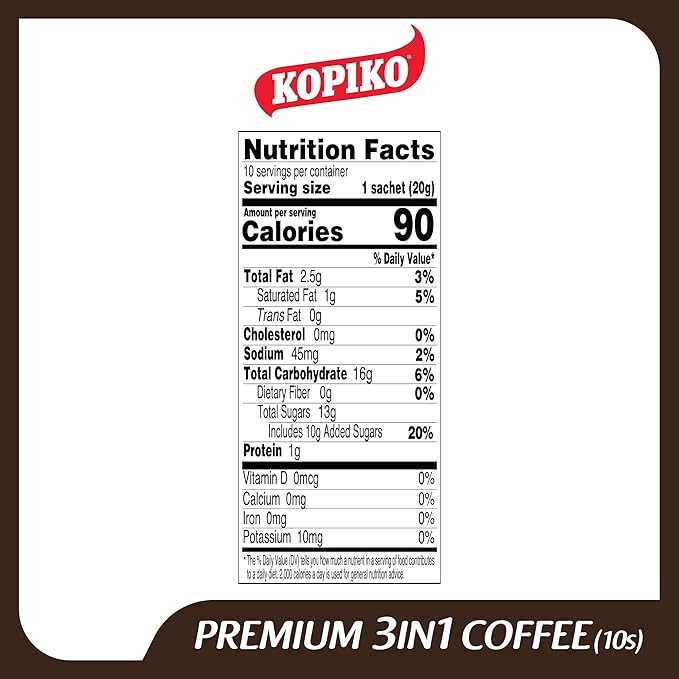 KOPIKO Premium 3 in 1 Instant Coffee Mix – Authentic Indonesian Volcanic Coffee, Strong Yet Smooth, Pre-Mixed with Creamer & Sugar (7.1 OZ in 10 Coffee Sachets)