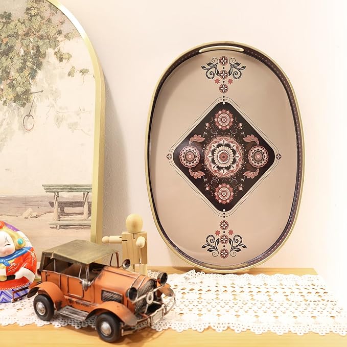 Oval Plastic Serving Tray with Handles, Elegant Decorative Tray for Coffee Table, Ottoman, Living Room, Kitchen, Outdoor Use. 10"*16"*1.4" C