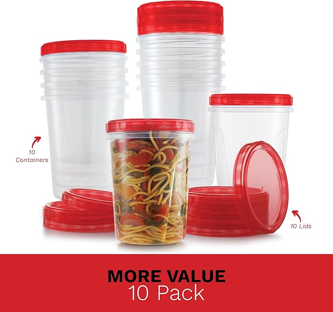 Freezer Containers for Food [32 Oz - 10 Pack] Freezer Storage Containers with Twist Top Lids | Reusable Plastic Soup Containers with Lids | Quart Containers with Screw on Covers | Leakproof, BPA Free