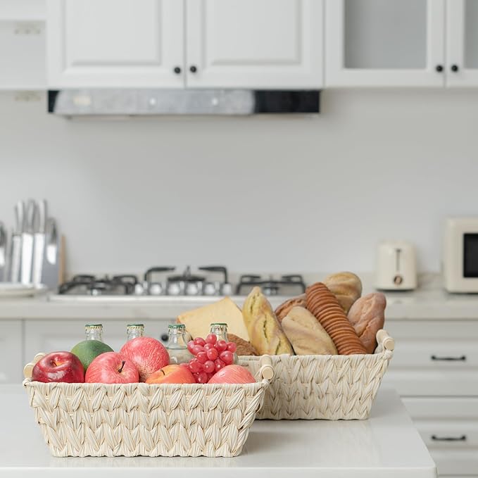 GRANNY SAYS 2-Pack Wicker Storage Baskets, Storage Baskets for Shelves, Trapezoid Wicker Baskets with Handles, Waterproof Woven Baskets for Organizing, Butter Milk
