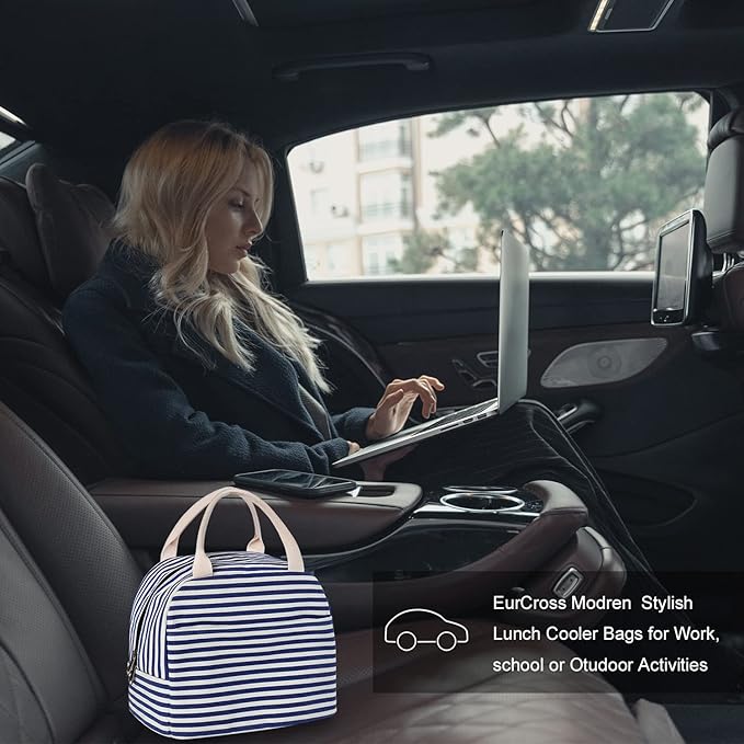EurCross Blue and White Stripes Lunch Bag Women,Cooler Tote Bag Insulated Lunch Bento Box Bag, Canvas Portable Tote Thermal Bag for Adult Women and Men for Work