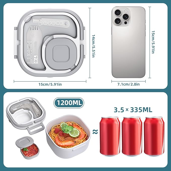 Bento Box for Adults & Kids – Single Compartment Lunch Box,Food Container,BPA-Free,Microwave & Dishwasher Safe with Removable Divider,Utensils & Sauce Jar-White