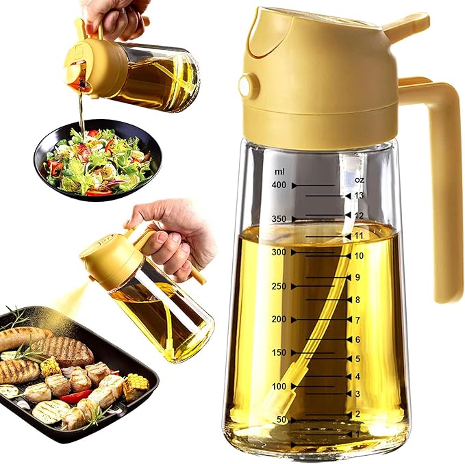 TrendPlain 16oz/470ml Glass Olive Oil Sprayer for Cooking – 2 in 1 Olive Oil Dispenser Bottle for Kitchen Gadgets and Air Fryer Accessories, Salad, BBQ - Yellow