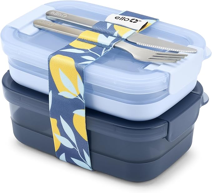 Ello 2-Pack Lunch Stack Plastic Food Storage Container Bento Box with Airtight, Leak-Proof Locking Plastic Lids and Silicone Base, BPA-Free, Freezer, Microwave, and Dishwasher Safe