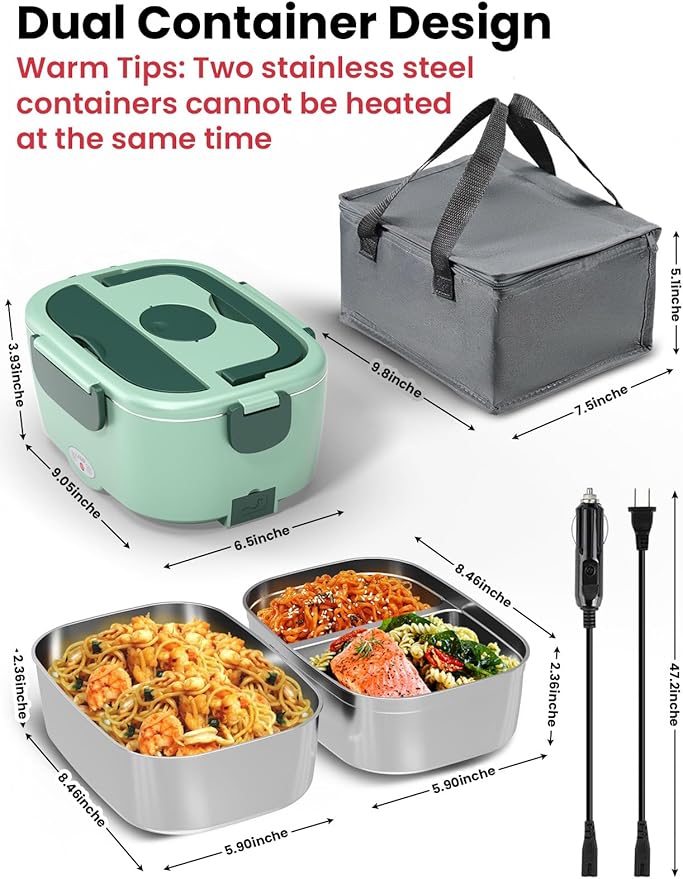 Heated Lunch Box for Men&Women - 80W Electric Lunch Box for Adults with Dual 1.5L 304 Stainless Steel Containers Fast Heating Portable Food Warmer for Car&Truck lonchera eléctrica portátil