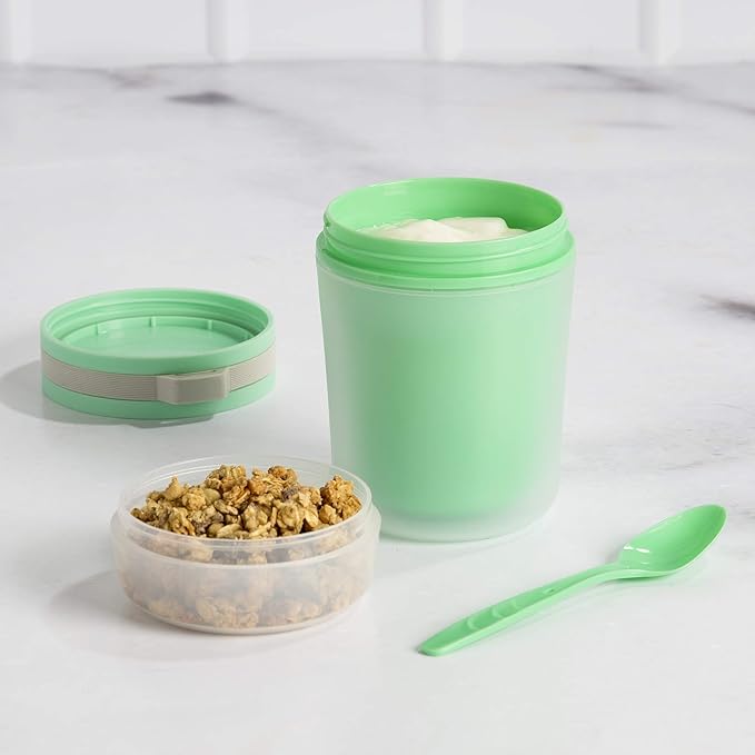 Goodful Double Wall Insulated Yogurt Container, Leak Proof Food Storage, Snack Container with Reusable Plastic Spoon, Microwave& Dishwasher safe, Freezer Safe, 14-Ounce, Green (Pack of 12)
