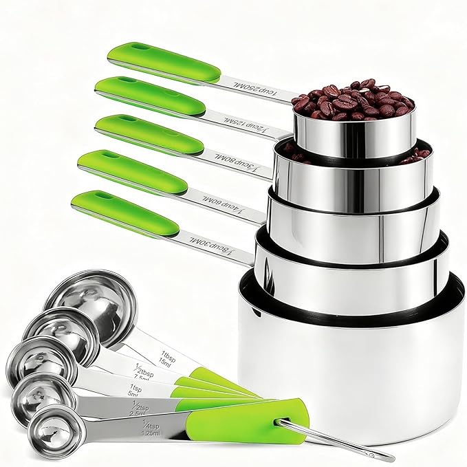 Measuring Cups and Spoons Set Stainless Steel 10 Piece for Cooking and Baking (5 Cups + 5 Spoons, Green Handle)