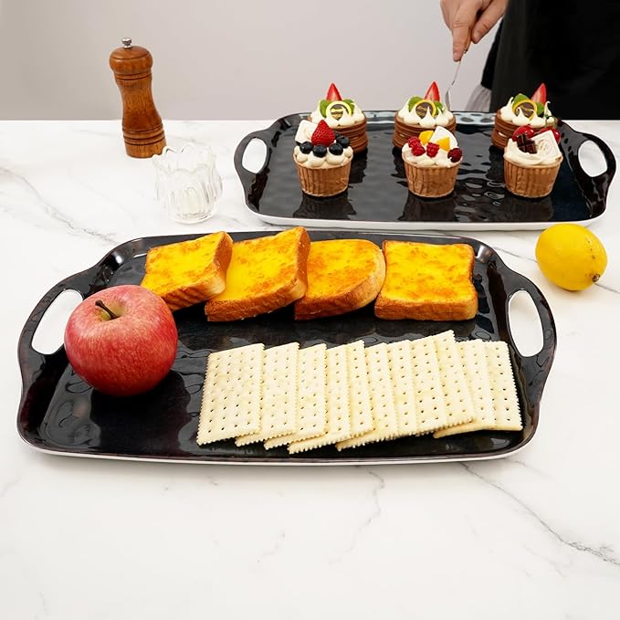 TP Serving Trays with Handles, 17 x 12 Inch Melamine Serving Platters for Food, Meat, Set of 2 Rectangular Trays for Eating, Retro Black