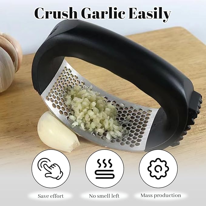 Garlic Press Rocker, Heavy Duty Stainless Steel Press With Peeler Tube, Mincer Tool Crusher Chopper for Smashing, Professional Kitchen Gadget Slicer Twister
