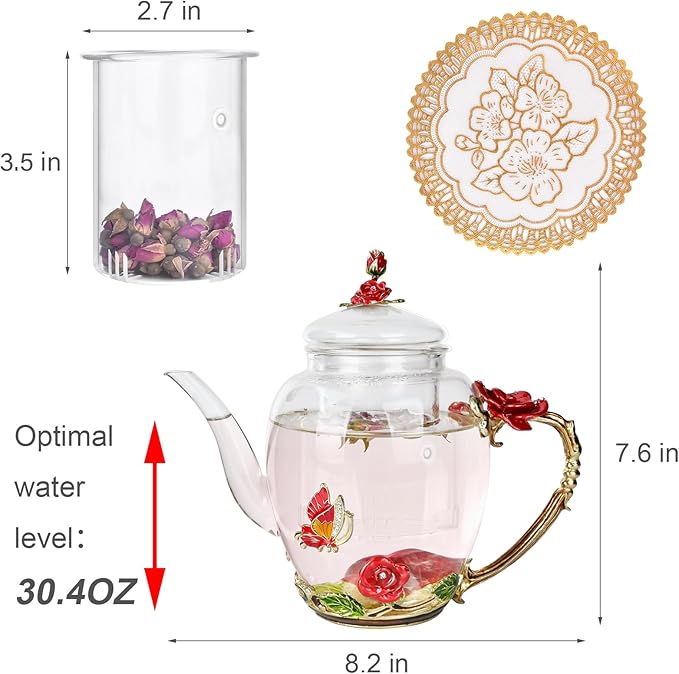 Enamel Glass Flower Tea Pot With Removable Loose Tea Leaf Infuser Tea Maker Teapot Set 30.4OZ Gifts for Women,Mom,Birthday
