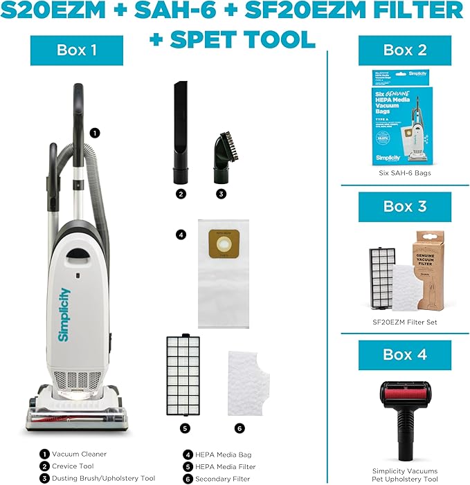 Simplicity Vacuums Allergy Pet Bundle | Bags & Filter Set Bundle | Upholstery Tool Bagged Vacuum Cleaner | Certified Hepa Vacuum | Pet Hair | S20EZM