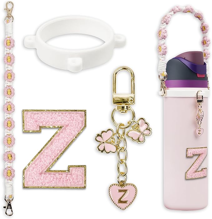 Cute Letter Charm Set Compatible with Owala Water Bottle 24 oz, 32 oz, 40 oz, Owala Kids, Owala Coffee Tumbler, Owala FreeSip – Includes Handle Strap, for Owala Accessories & Stanley Cup Accessories