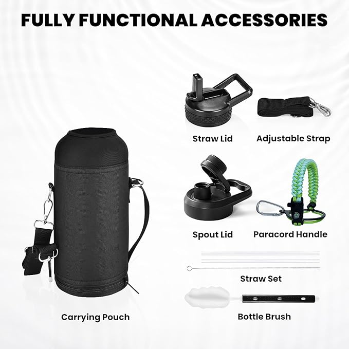 Insulated Water Bottle 32 oz, Triple Wall Vacuum Stainless Steel (Cold for 48 Hrs), Leak Proof & Non-BPA, Modern Water Flask Jug with Paracord Handle & Straw Spout Lids, Ombre Green