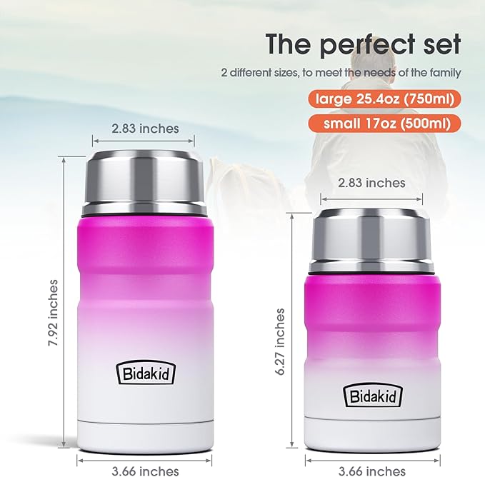Insulated Food Jar Set – 25.4oz & 17oz Stainless Steel Containers with Folding Spoon and Carrying Bags – Leak-Proof, Keeps Food Hot or Cold for up to 12 Hours – Ideal for Work, School, Travel