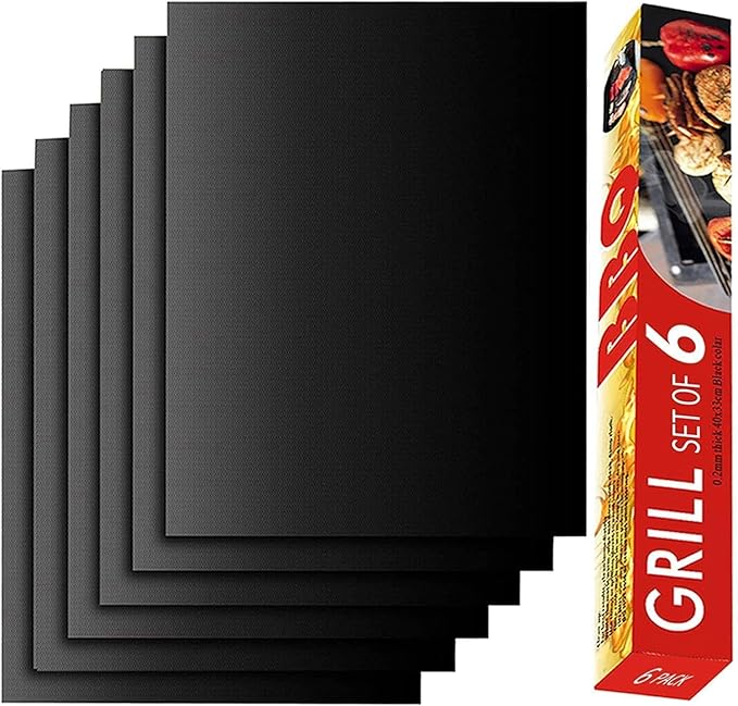 Renook Grill Mat Set of 6-100% Non-Stick Reusable Mats for Gas, Charcoal or Electric Grills - Easy to Clean - 23 x 16.5-Inch, Black