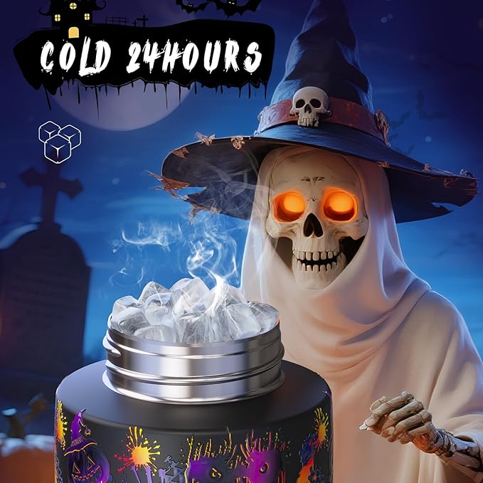 ENCOOL Halloween Insulated Water Bottle with Straw - Stainless Steel Water Bottle with Push Button Lid, Leak-Proof BPA-Free, Keeps Cold for 24 Hours for Halloween gifts, Party (24 oz, Ghost Party)