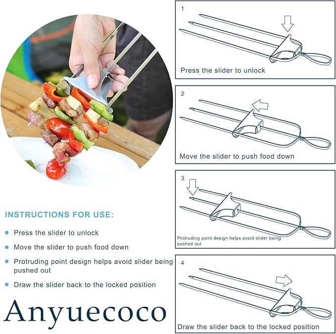 Skewers for kabobs,2 PCS 14-Inch 3 Way Kabob Skewers for Grilling,Stainless Steel Skewer,With Push Bar Reusable Metal Skewer,Kabob Sticks,Perfect For Meat,Chicken,Sausages,Veggies,shrimp