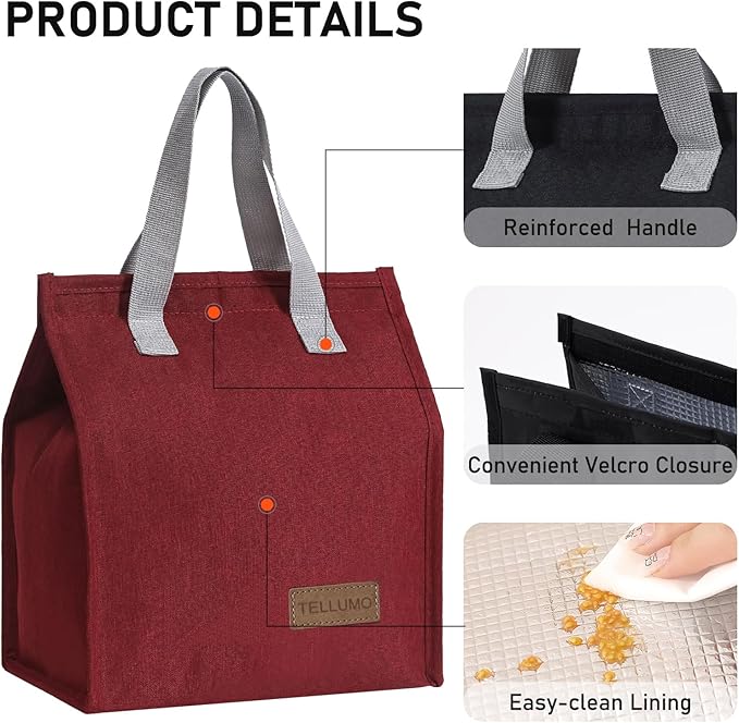 TELLUMO Lunch bag, Insulated Lunch Bag for Women Men Large Lunch Box Container Reusable Leakproof Tote for Office, Work, School, Beach or Travel (Red)