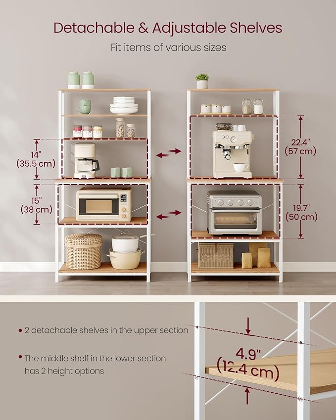 VASAGLE Coffee Bar, 31.5 Inches Baker's Rack for Kitchen with Storage, 6-Tier Kitchen Shelves with 6 Hooks, Microwave Stand, Industrial, Oak Colour and White UKKS019W09
