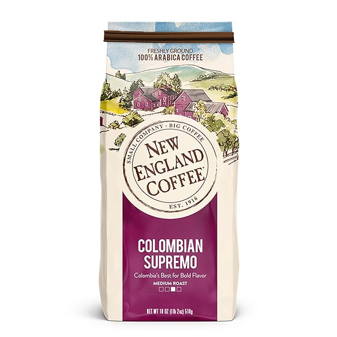 New England Coffee Colombian Supremo Medium Roast Ground Coffee, 18oz Bag (Pack of 1)