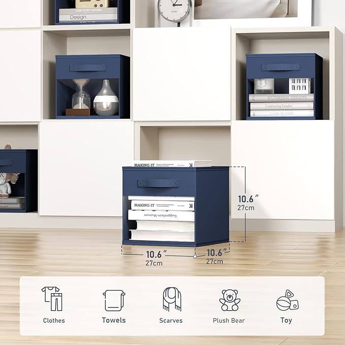 DIMJ Storage Cubes, Cube Storage Bin, 10 Pack Foldable Baskets with Window, Closet Storage Bins with Handle, 11x 11 inch Storage Cubes for Clothes, Toys, Books (Navy Blue)