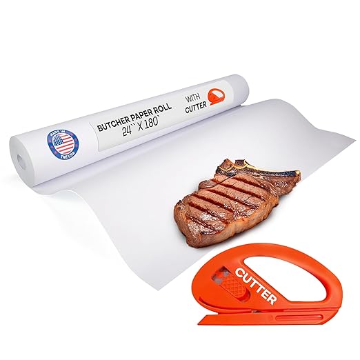 White Butcher Paper 24" x 2160" (180 feet) with Cutter - USA-Made Natural Butcher Paper Roll for Meat & Fish - Uncoated, Unwaxed & Food-Grade Material for Smoker, Grilling & BBQ by IDL Packaging