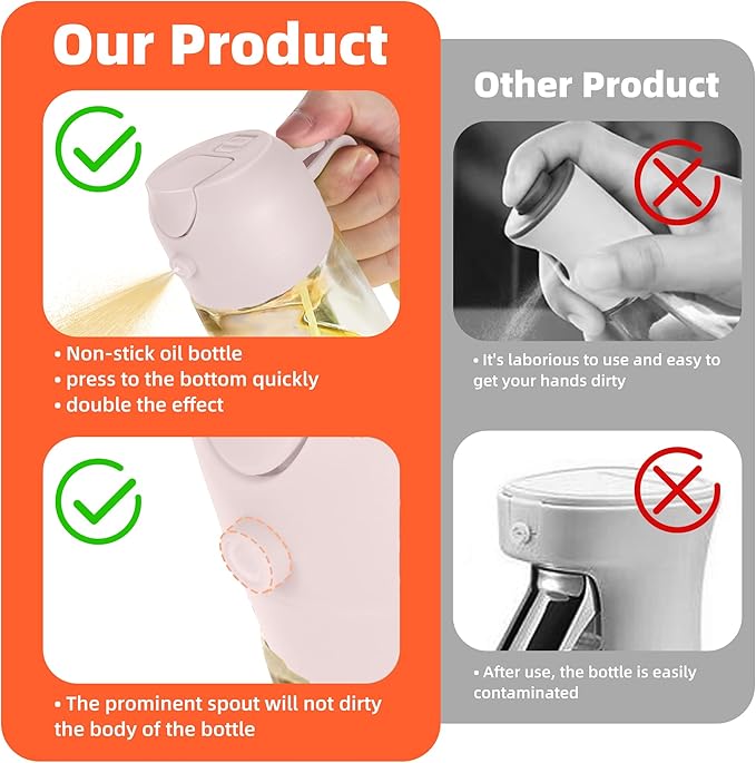 TrendPlain 16oz/470ml Glass Olive Oil Sprayer for Cooking - 2 in 1 Olive Oil Dispenser for Kitchen Gadgets, Air Fryer, Salad, and BBQ - Peach
