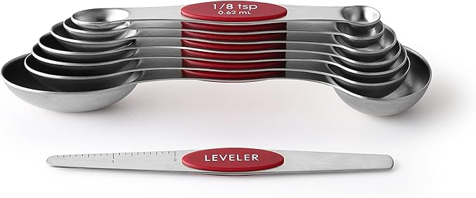 Spring Chef Red Stainless Steel Magnetic Measuring Spoons Set of 8 with Leveler, Dual Sided Nesting Teaspoon & Tablespoon Measuring Spoons, Kitchen Gadgets for Baking & Cooking, Fits in Spice Jars