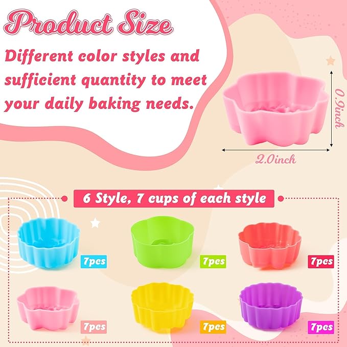 R HORSE 42Pcs Silicone Molds Cupcake 2 Inch Mini Size Reusable Muffins Liners Washable Non-Stick Donut Wrapper Mold Flower Shapes Baking Cups for Pan Oven Microwave Dishwasher