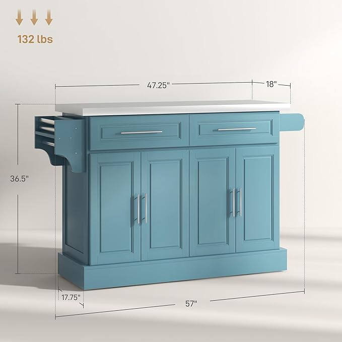 HOMCOM Rolling Kitchen Island Cart with Wheels, Portable Island Table for Kitchen with Stainless Steel Top, Adjustable Shelves, 2 Drawers, Spice, Knife and Towel Rack, Teal Blue